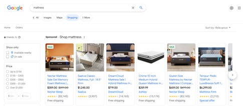 Google search result for mattress in the shopping tab.