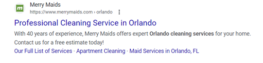 Merry Maids PPC ad with ad extension