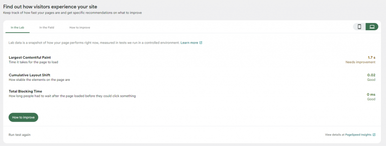 Core web vitals report for a website