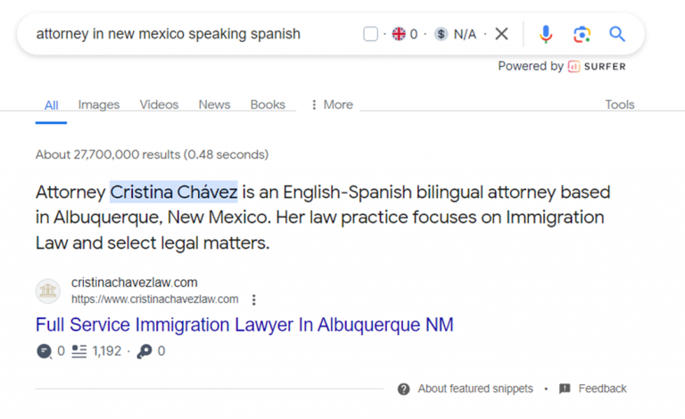 Featured snippet for the search term “attorney in New Mexico speaking Spanish”