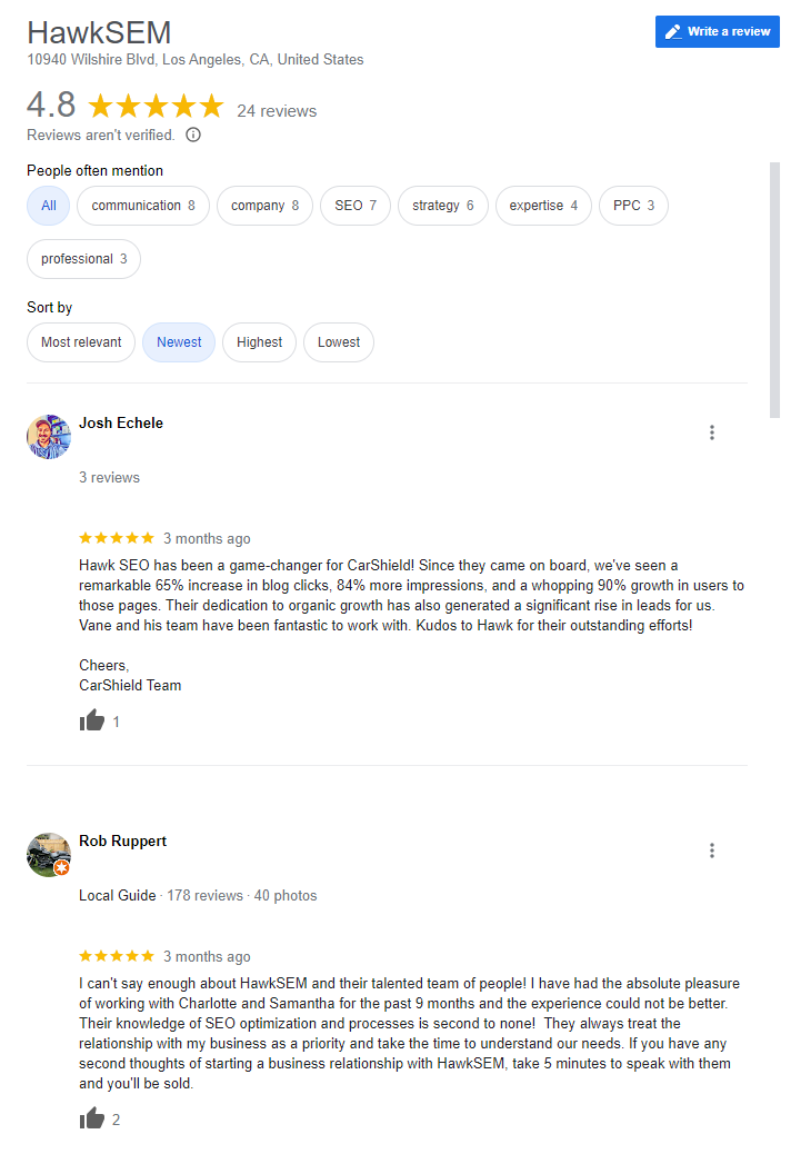 Google Reviews for HawkSEM
