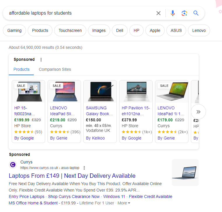  Example of Search and Shopping Ads for the keyword “affordable laptop for students”