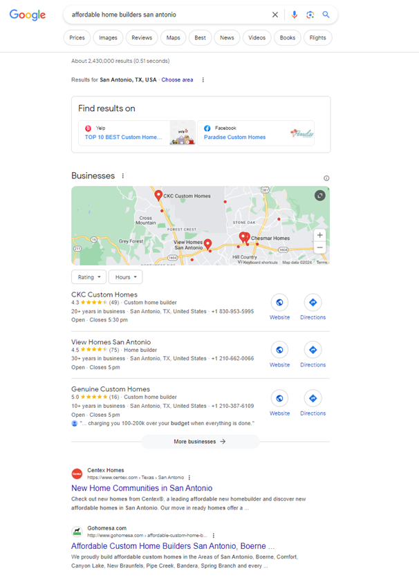 Google Search result for the search term affordable home builders San Antonio