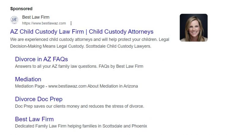 Search ad for the search term “family law Arizona”