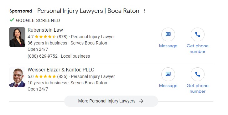 Local service ads for the search term “personal injury lawyers Boca Raton”