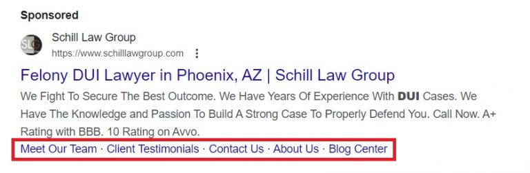 Google search ad for “DUI lawyer in Phoenix” with assets