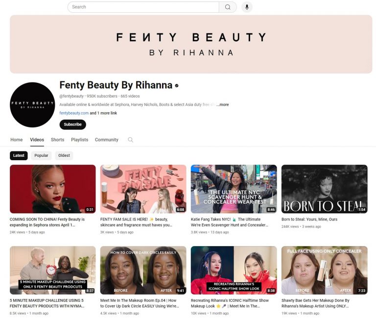 Fenty Beauty’s YouTube page