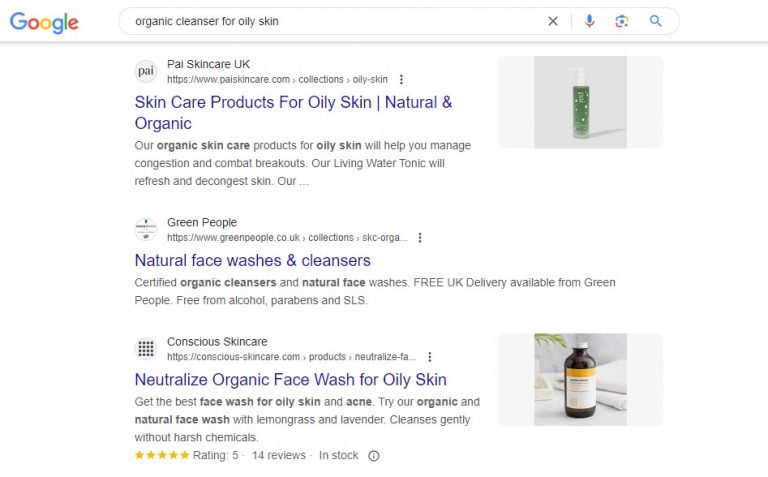 Organic Google results for the search term “organic cleanser for oily skin”