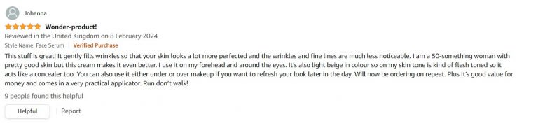  Alt text: Five-star customer review for an anti-aging cream