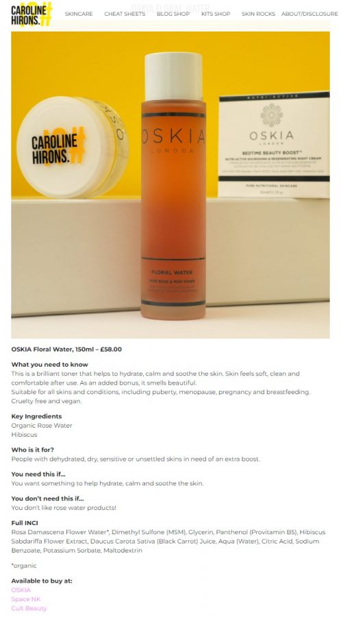 Example of a skincare product on an influencer’s website