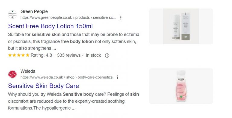 A rich snippet for the search term “body lotion for sensitive skin