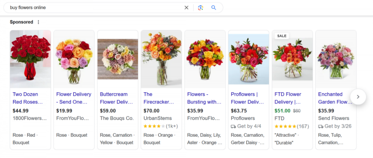 Shopping ads example on Google for the search query “buy flowers online”
