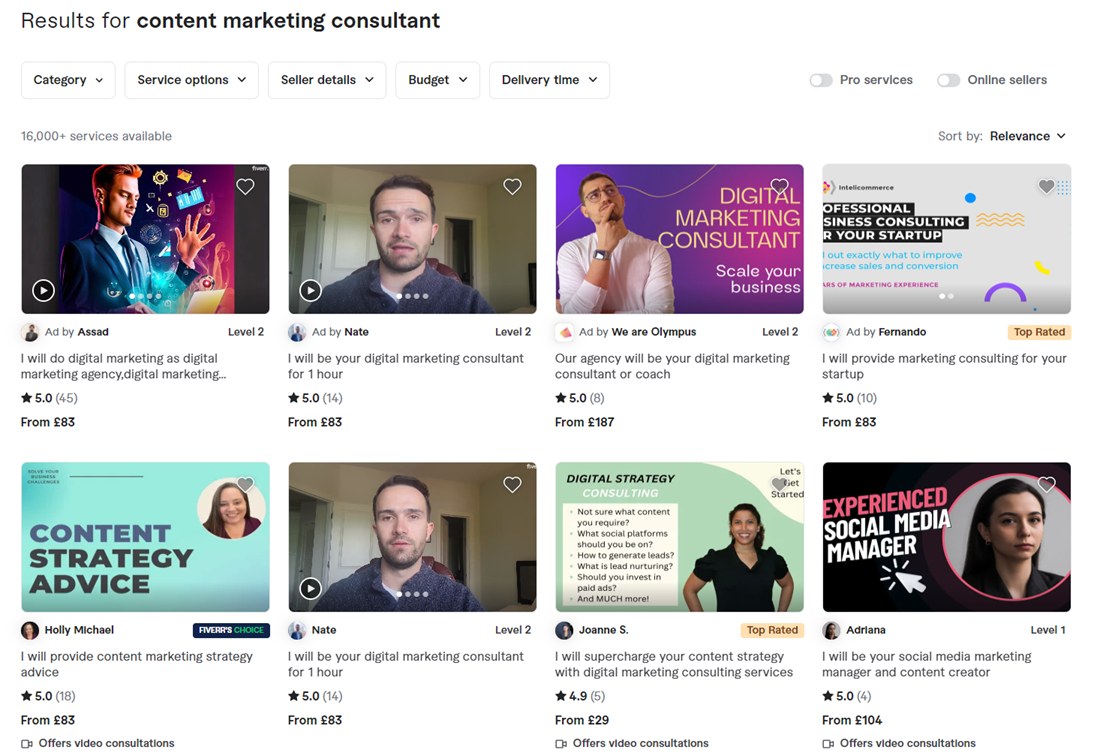 Search for “content marketing consultant” on Fiverr