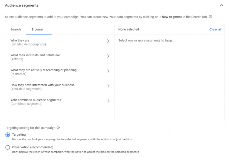 Audience targeting options Google Ads offers for its search and display ads