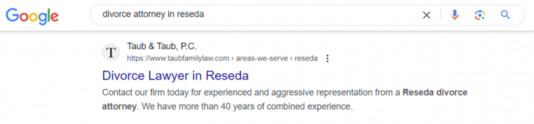 Google search result for the keyword divorce attorney in Reseda
