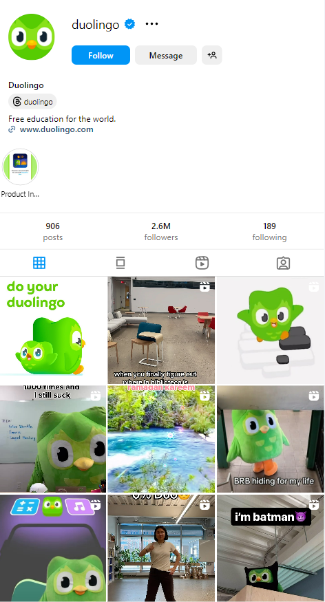 Duolingo’s Instagram feed showing multiple posts that feature its mascot Duo owl