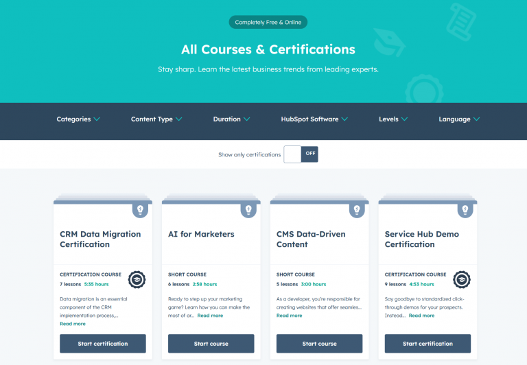 A list of free HubSpot courses, like AI for markers and CRM data migration certification