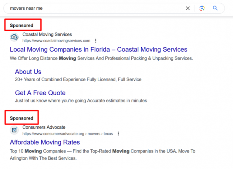 Google search ad example for the search query “movers near me”