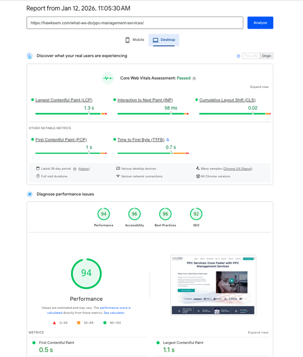 page’s load speed