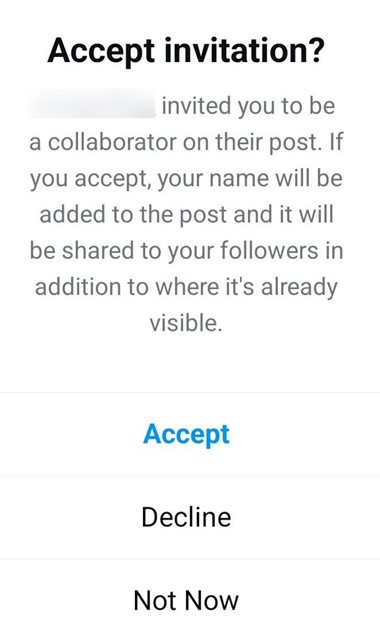A dialog box asking someone to join an Instagram Collab post
