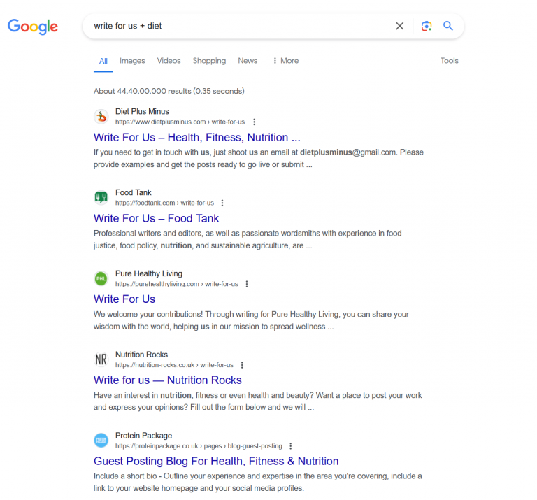 Find guest blogging opportunities by searching on Google “write for us + [your topic].” In this example, it’s “write for us + diet.”