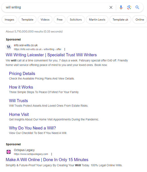 Google Ads search for “will writing” showing two ranked paid ads