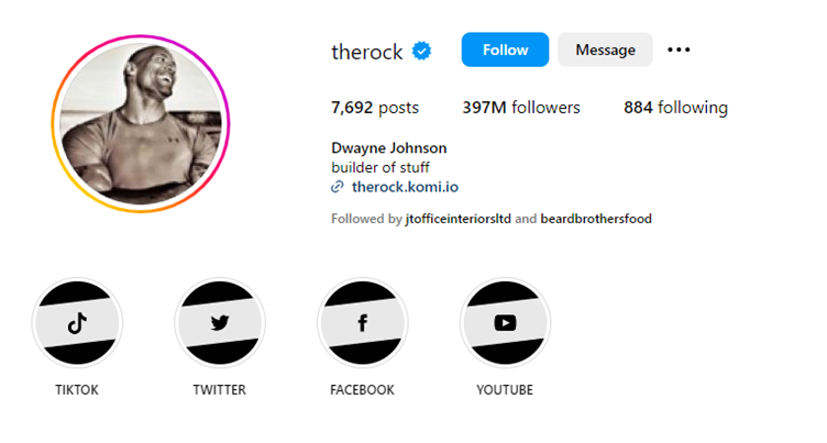 Instagram profile for Dwayne “The Rock” Johnson