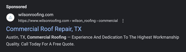 Roofer PPC ad example