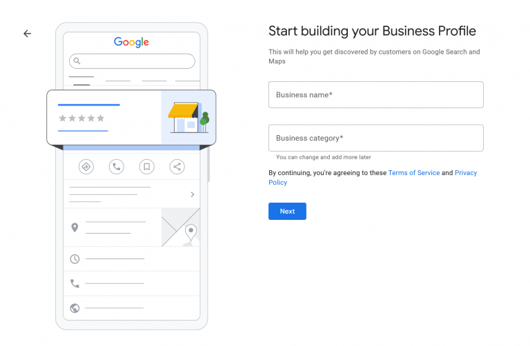 Adding business name and business category on Google Business Profile to create a GBP