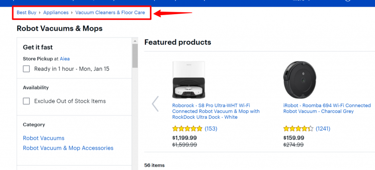 Breadcrumb navigation on Best Buy website