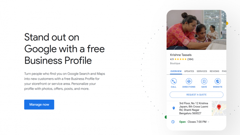 Clicking “Manage now” on the Google Business Profile website to start creating a GBP