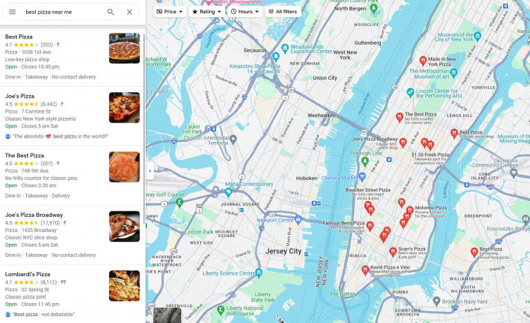 Example of Google Maps listing for the search query “best pizza near me”