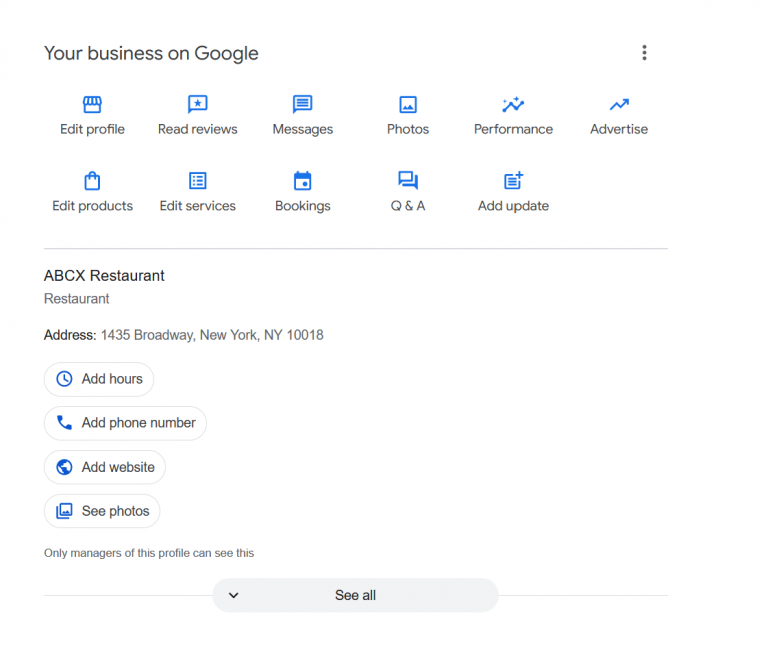 Google Business Profile dashboard to add and edit business information