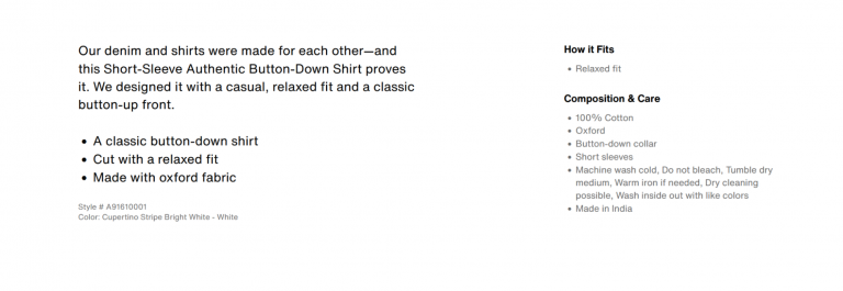 Example of a good product description on Levi’s website