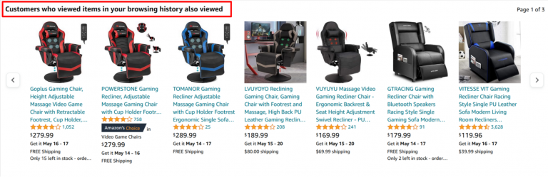 Amazon showing personalized product recommendations based on previously viewed products