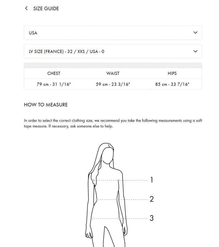 A size guide on the Louis Vuitton product page