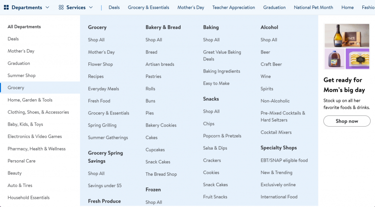 Simple and well-organized navigation menu on Walmart’s website