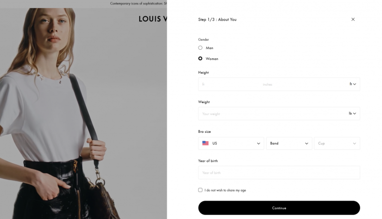 An interactive size guide on Louis Vuitton product page