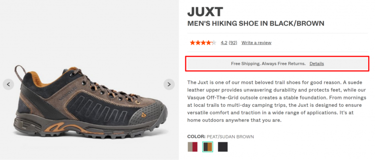 A product page on Vasque clearly showing its shipping and return policy