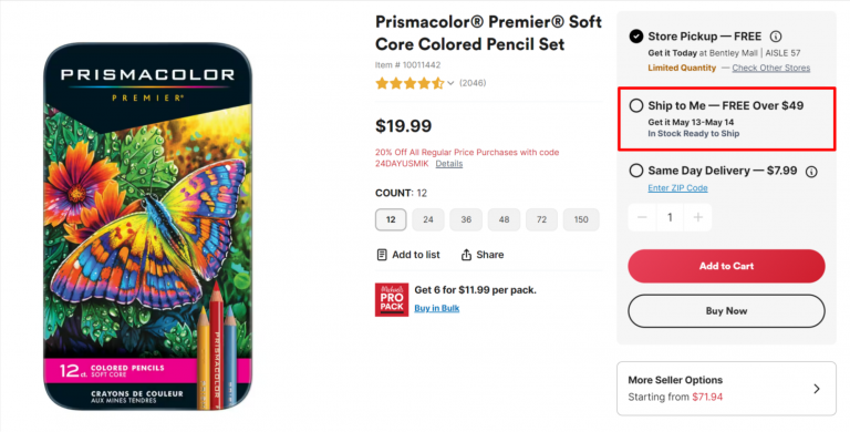 A product page on Michaels Stores showing its free shipping option