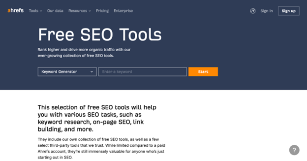 A screenshot of a landing page for free SEO tools