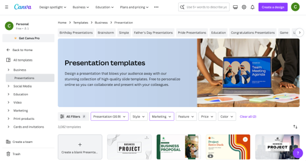 A screenshot of available graphic design templates