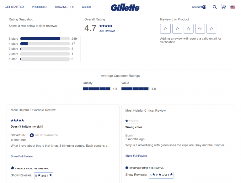 Customer reviews example on Gillette website