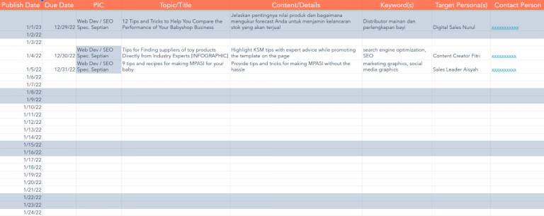 Editorial calendar for blog template