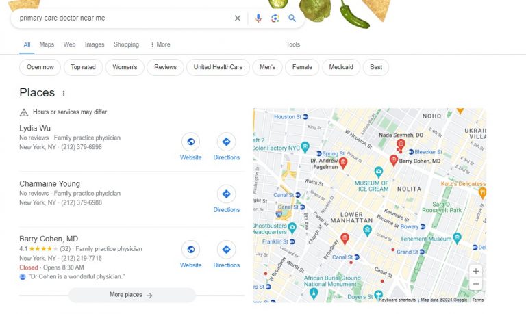 Google search results for “primary care doctor near me”