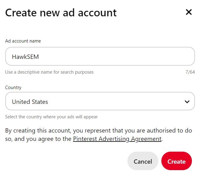 Create new ad account in Pinterest Ads Manager
