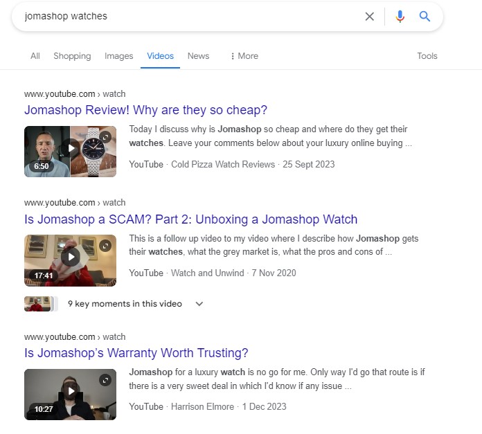 Youtube video results for “Jomashop watches”