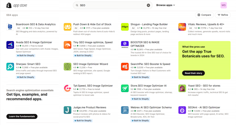 Shopify apps for SEO on the Shopify App Store