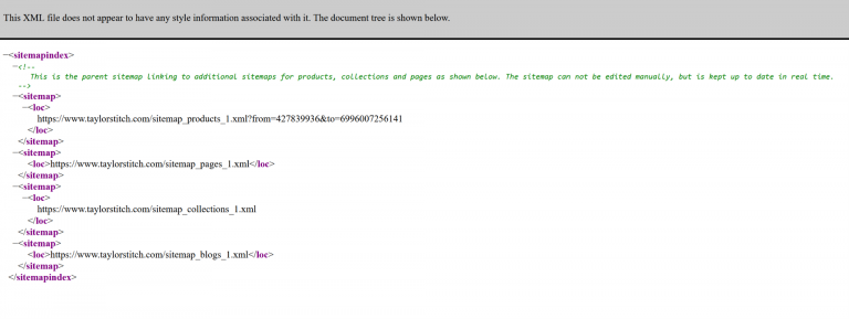 Shopify store’s XML sitemap example