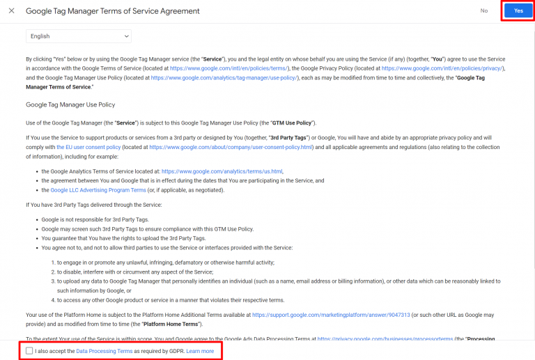 Google Tag Manager’s terms of service